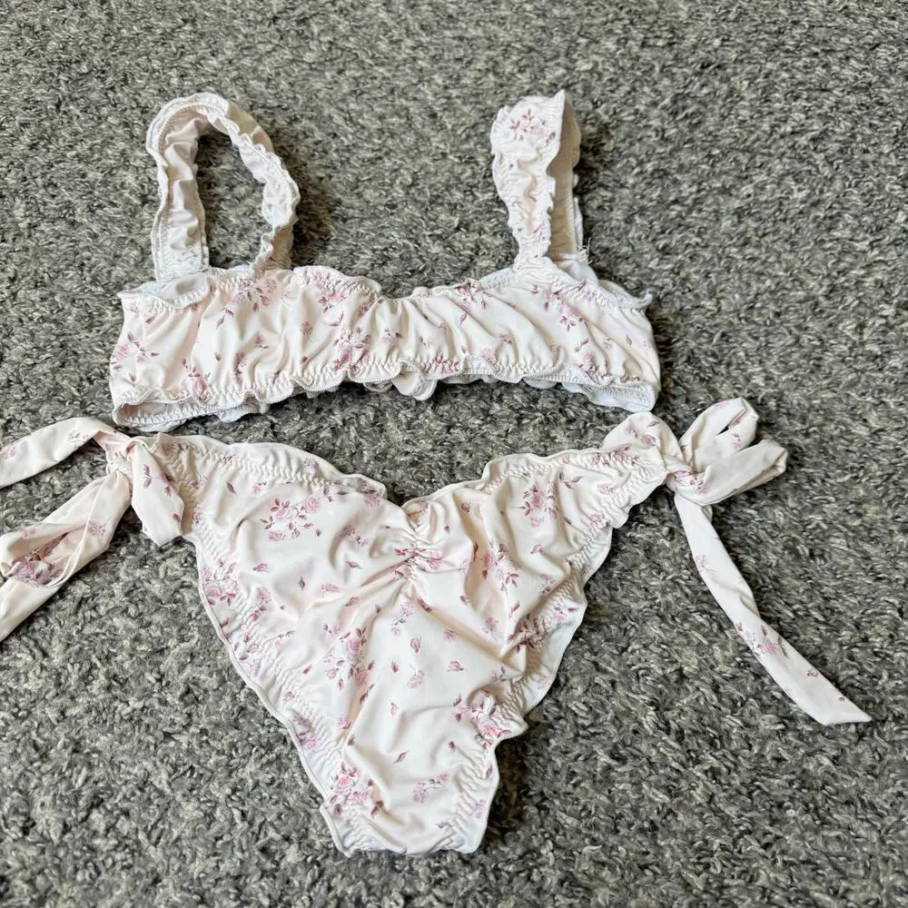 Frankies Bikinis Colby Tie Front Ruffle Bikini Set Size XS Pink Sweet Rose
